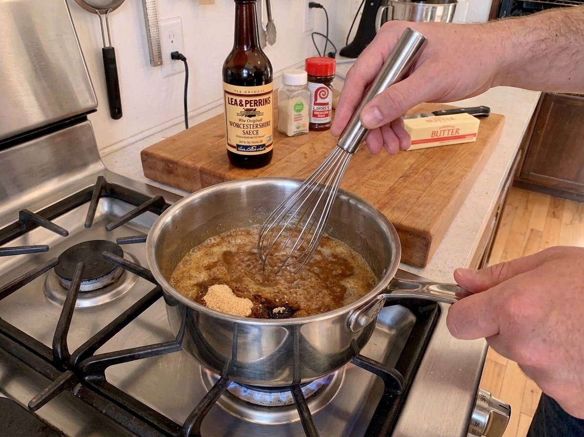 Melted butter and Worcestershire sauce being whisked with garlic powder and spices in a small saucepan on a stovetop