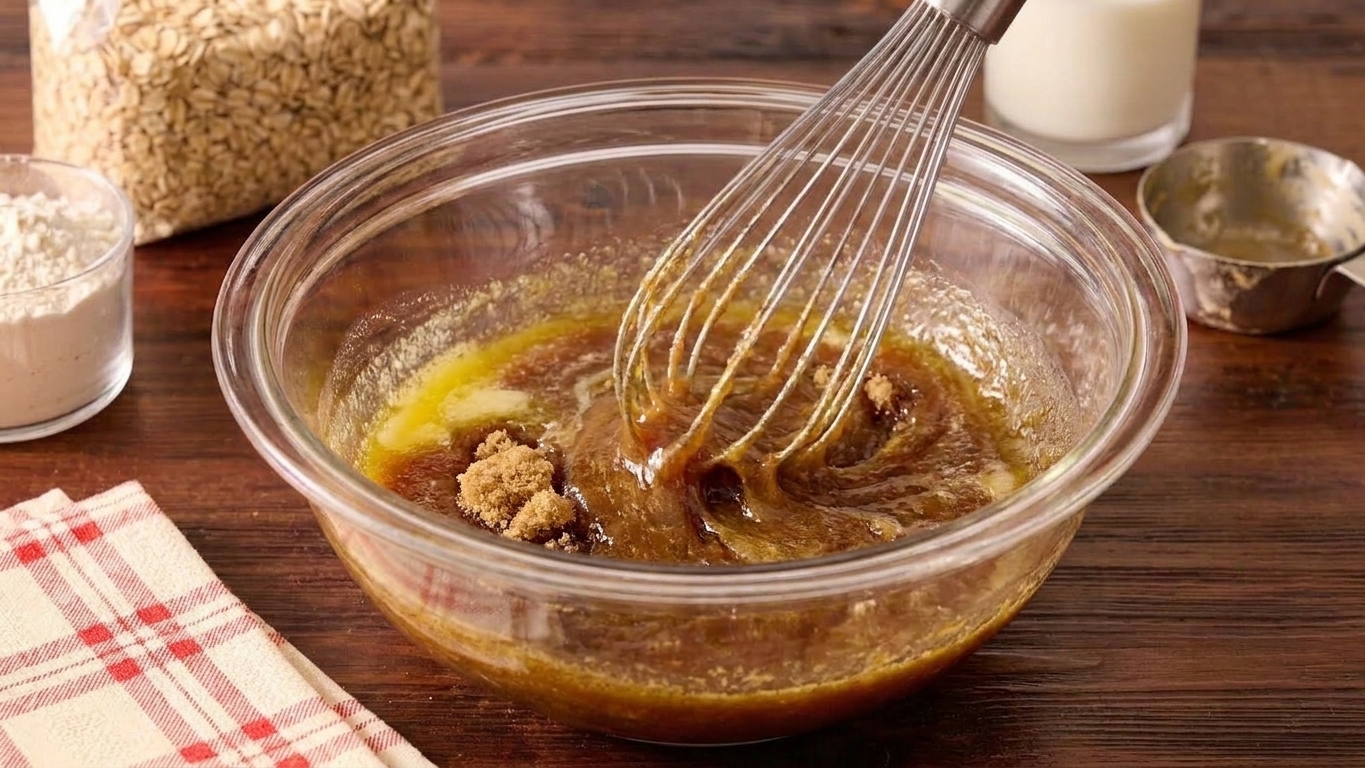 Melted butter and dark brown sugar being whisked together in a large mixing bowl on a kitchen counter