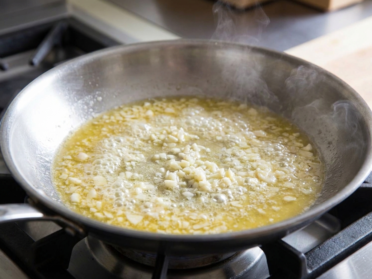 Melted butter and minced garlic gently bubbling together in a wide pan