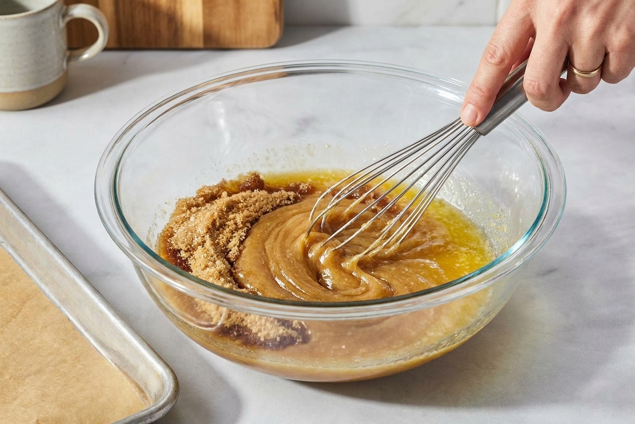 Melted butter and sugars being whisked together in a large mixing bowl until smooth