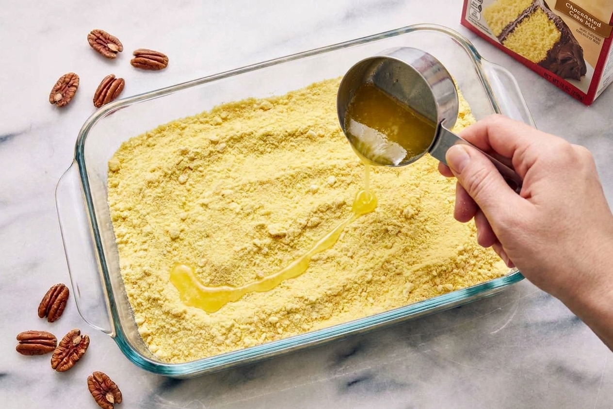 Melted butter being drizzled over dry cake mix in a baking dish before going into the oven