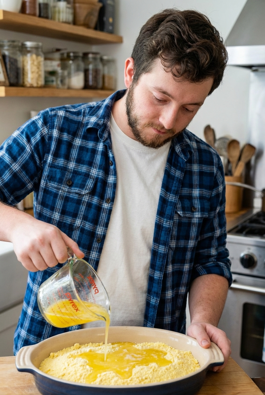 Melted butter being poured evenly over dry cake mix in a baking dish before baking