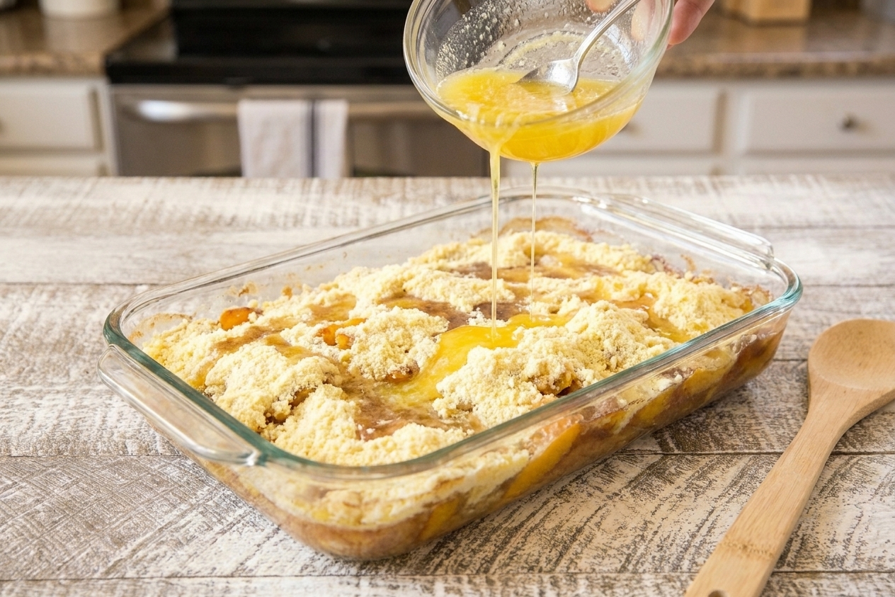 Melted butter being poured in thin streams over a dry cake mix topping in a baking dish filled with peaches