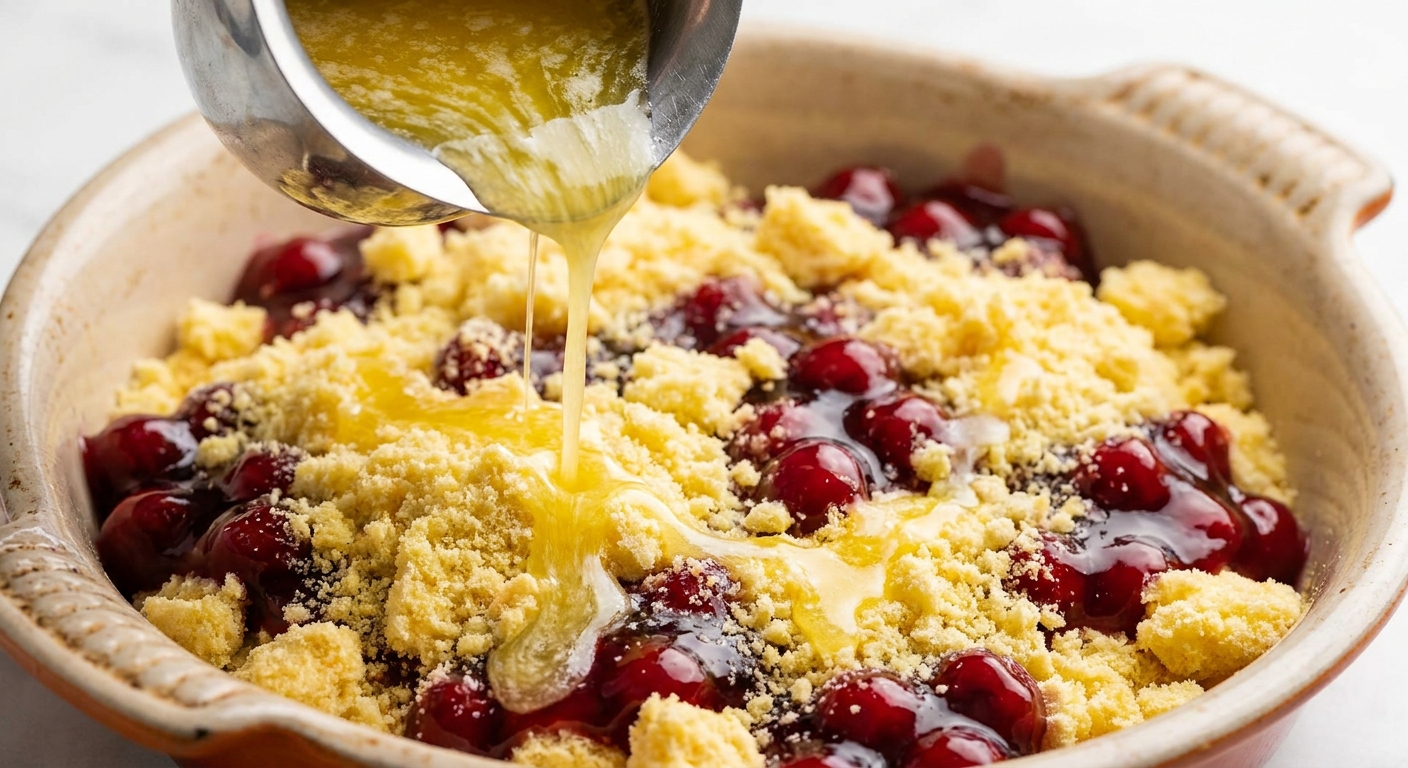 Melted butter being poured in thin streams over dry yellow cake mix scattered on top of cherry pie filling in a baking dish