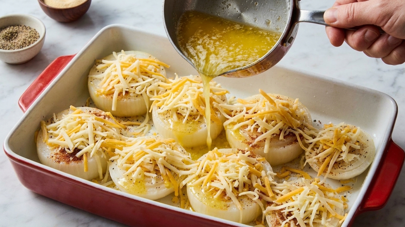 Melted butter being poured over shredded cheese on top of onions in a baking dish