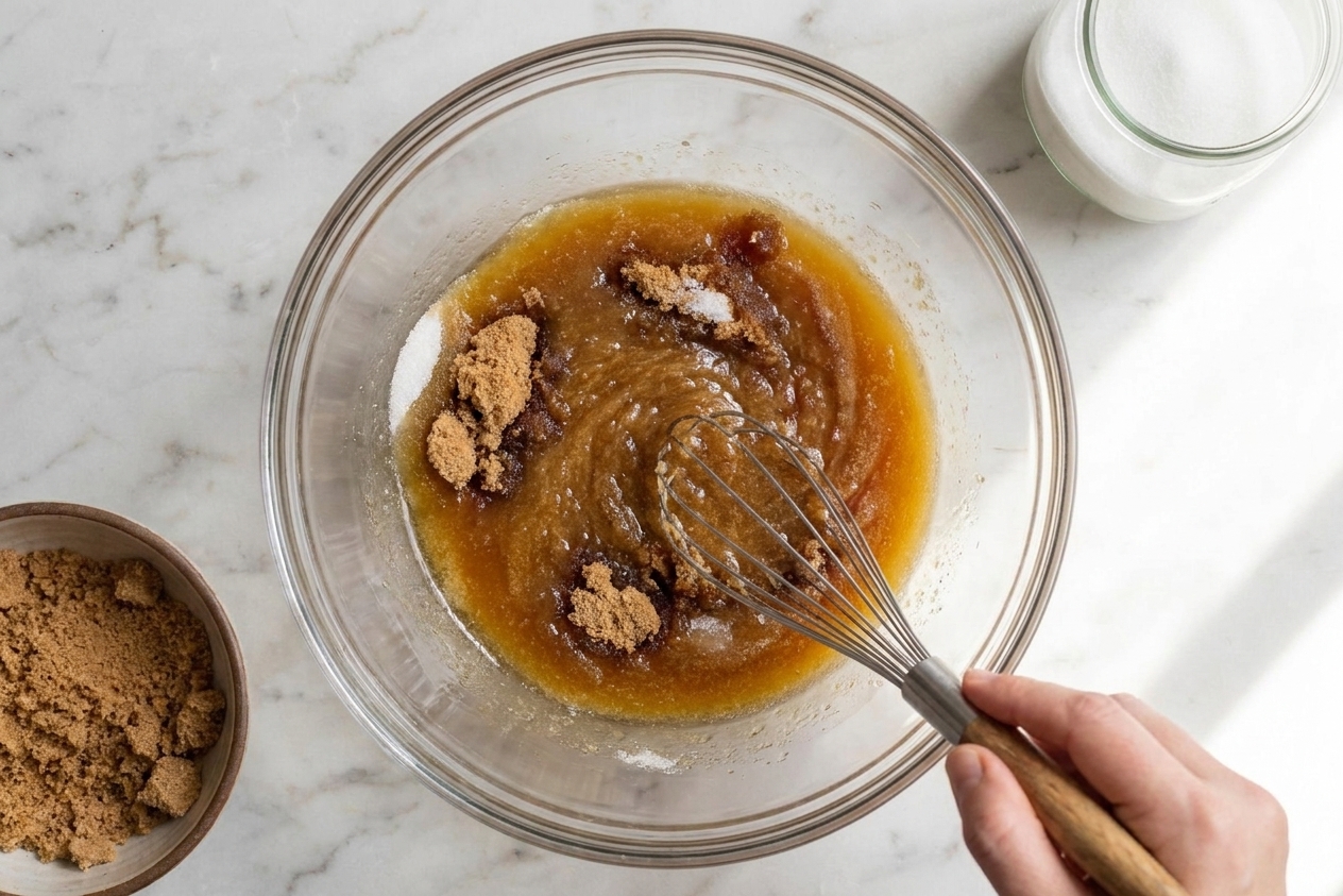 Melted butter being whisked with brown sugar and white sugar in a large glass mixing bowl on a kitchen counter