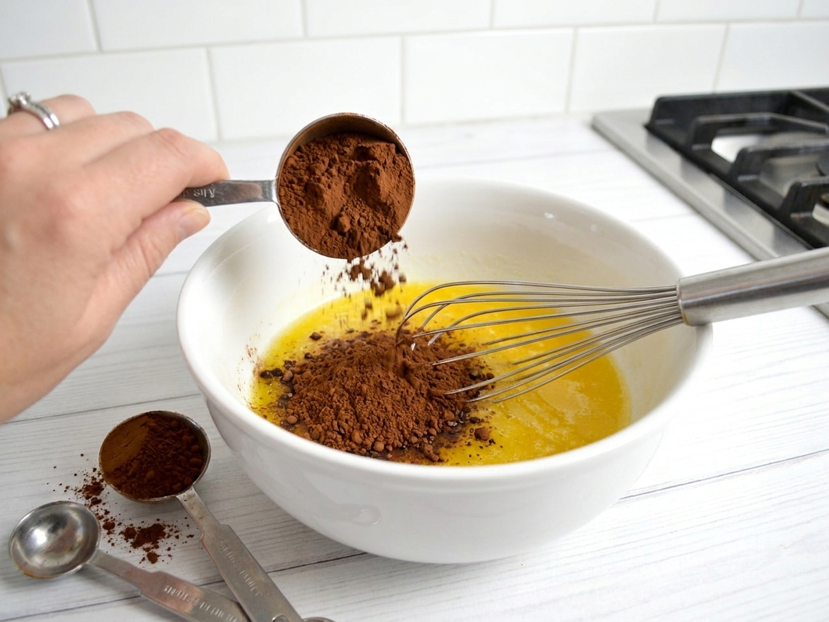 Melted butter in a bowl with cocoa powder being added, with a whisk and measuring spoons nearby