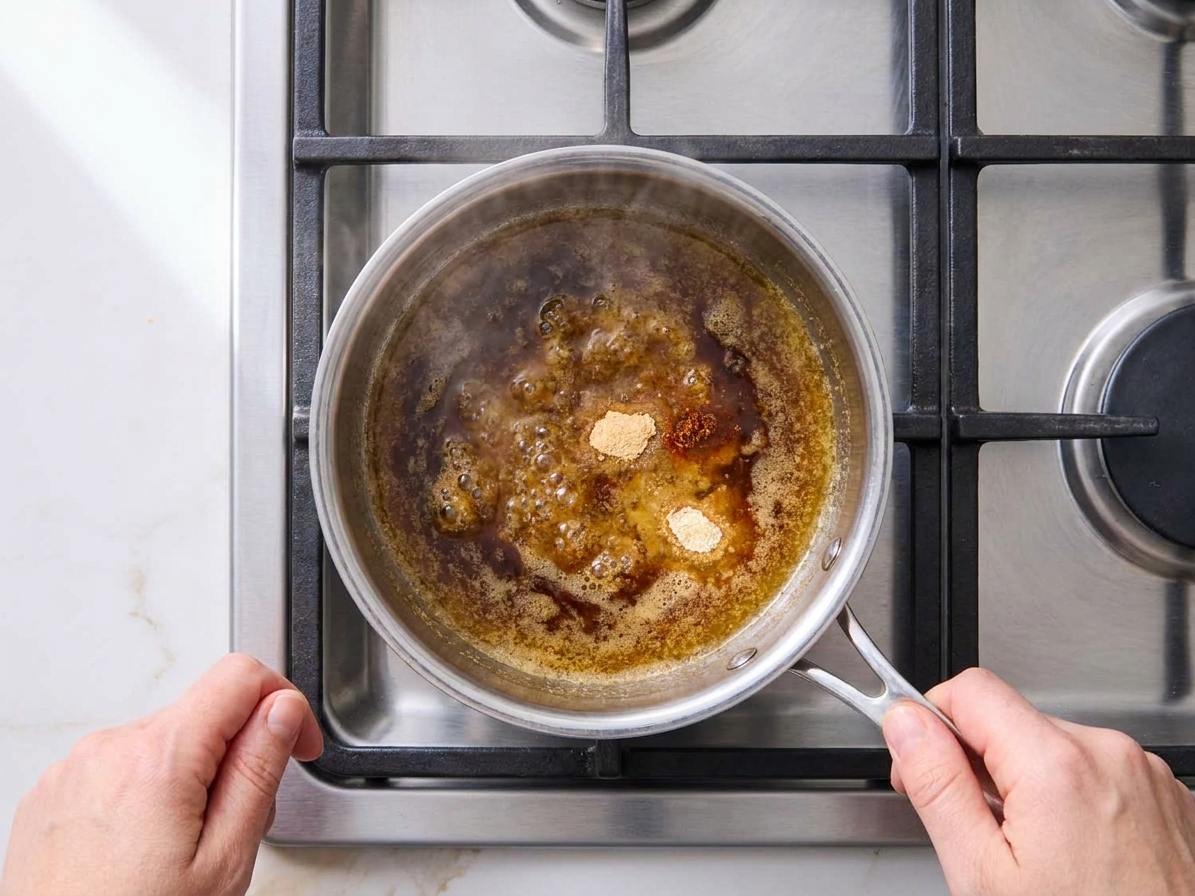 Melted butter mixed with Worcestershire sauce and spices in a small saucepan on a stovetop, ready to pour