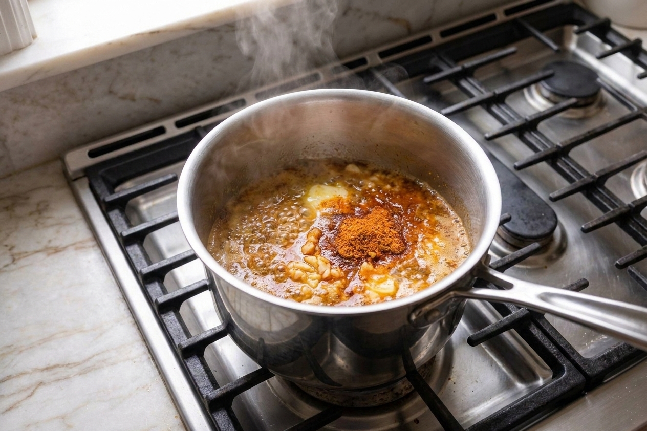 Melted butter with minced garlic and Cajun seasoning bubbling gently in a small saucepan on the stovetop