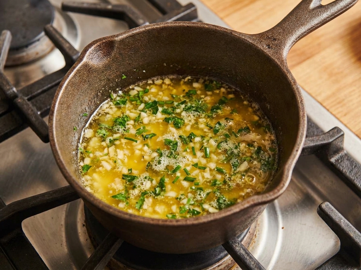 Melted butter with minced garlic and chopped herbs in a small saucepan on a stovetop