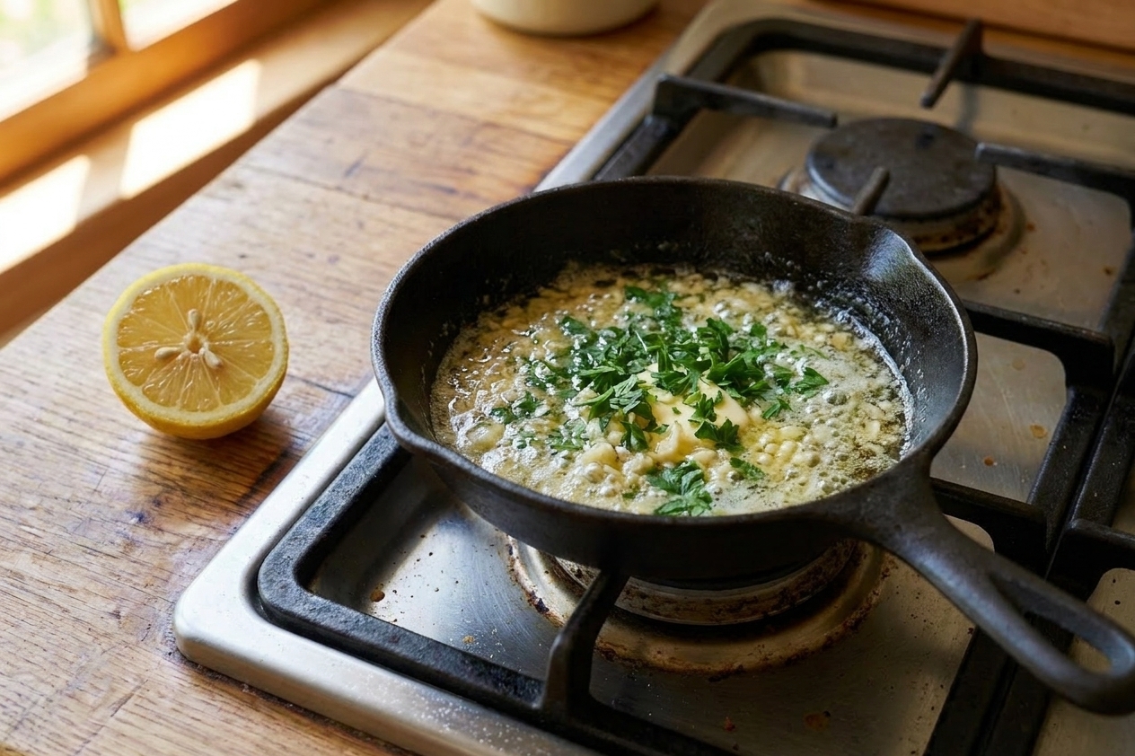 Melted butter with minced garlic and chopped parsley in a small skillet on a stove, with a lemon half nearby