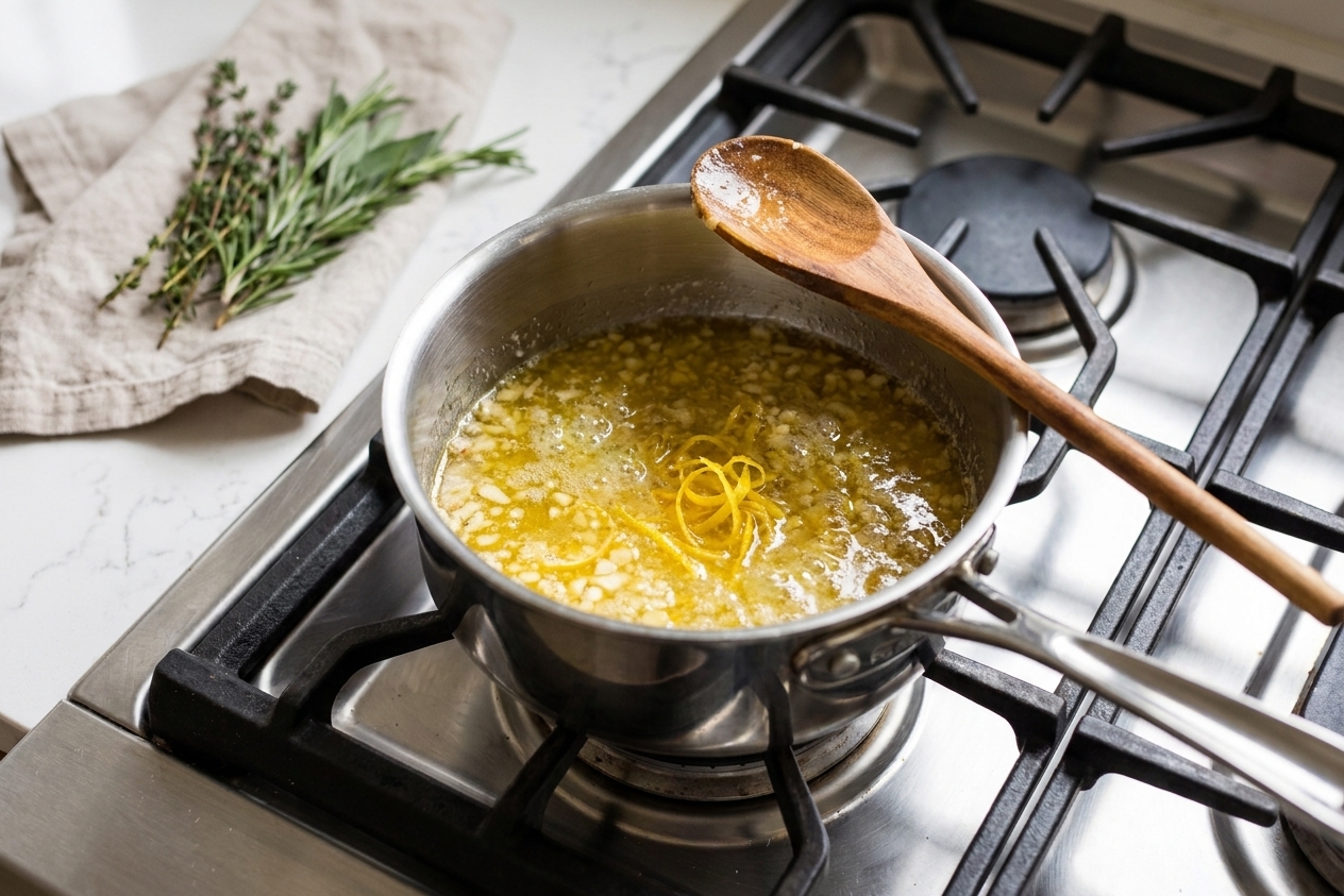 Melted butter with minced garlic and lemon zest in a small saucepan on a stovetop
