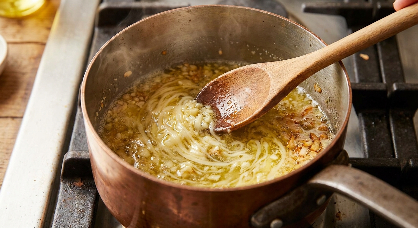 Melted butter with minced garlic and parmesan being stirred in a small saucepan