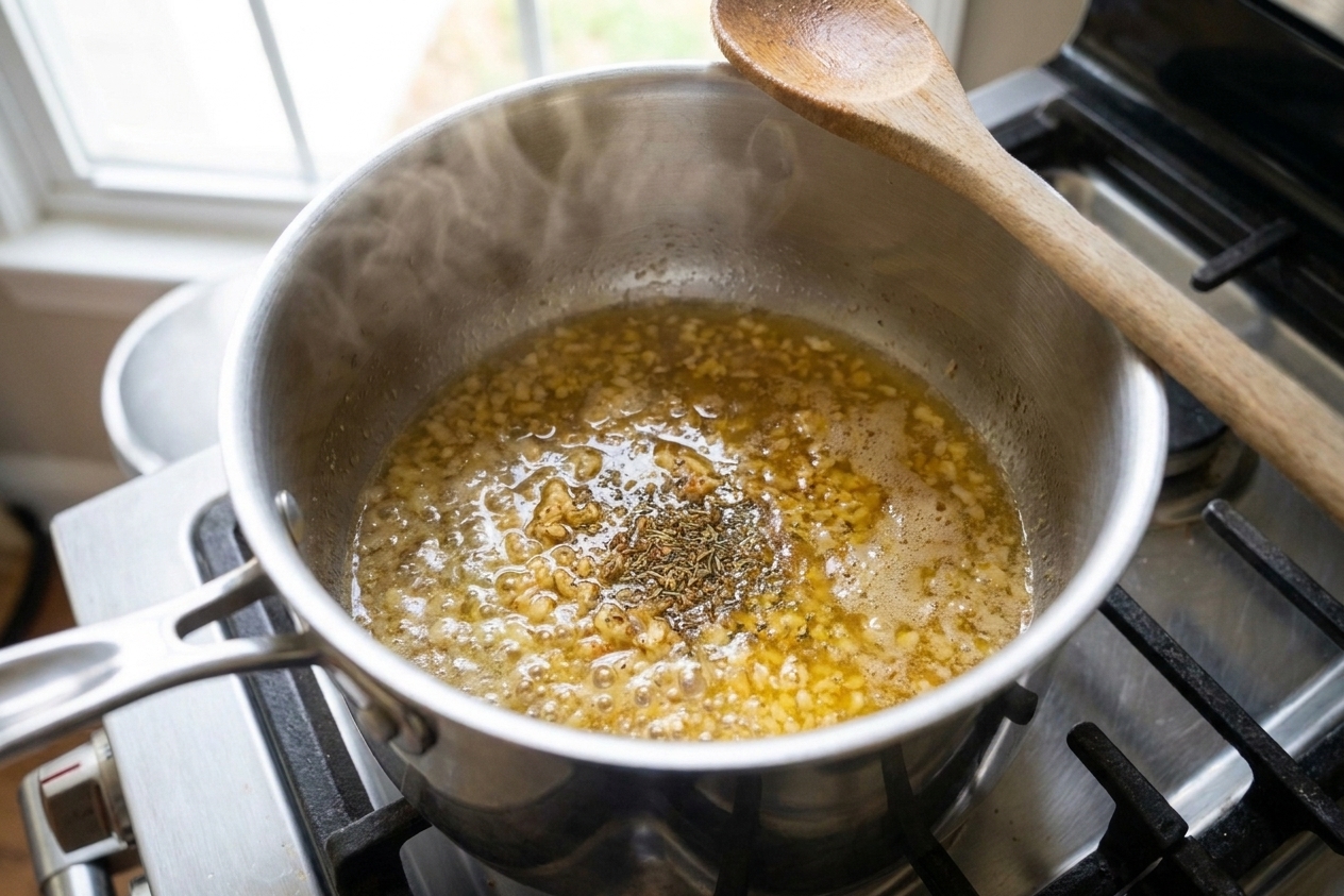Melted butter with minced garlic and seasoning bubbling gently in a small saucepan
