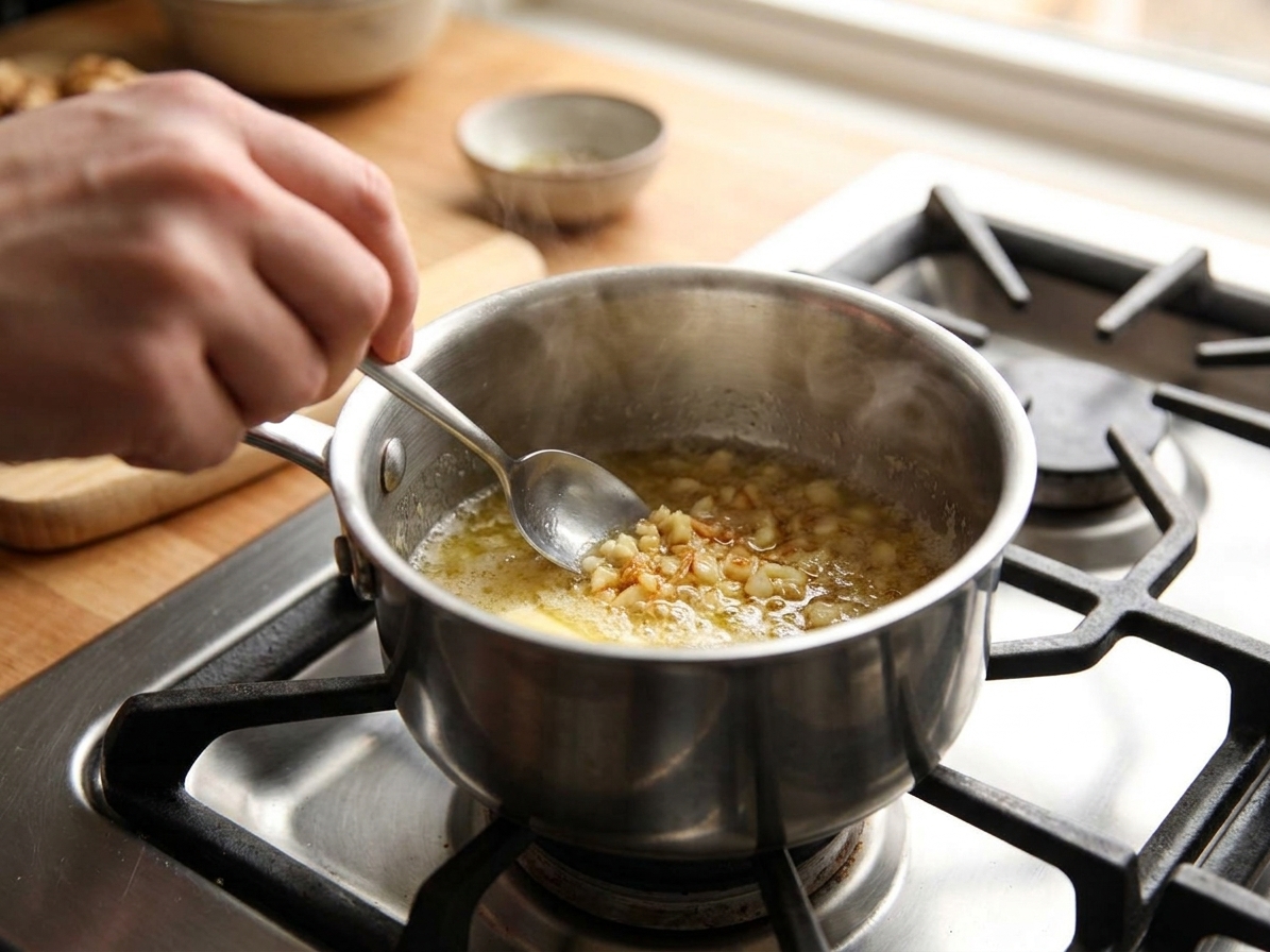 Melted butter with minced garlic in a small saucepan on a stovetop