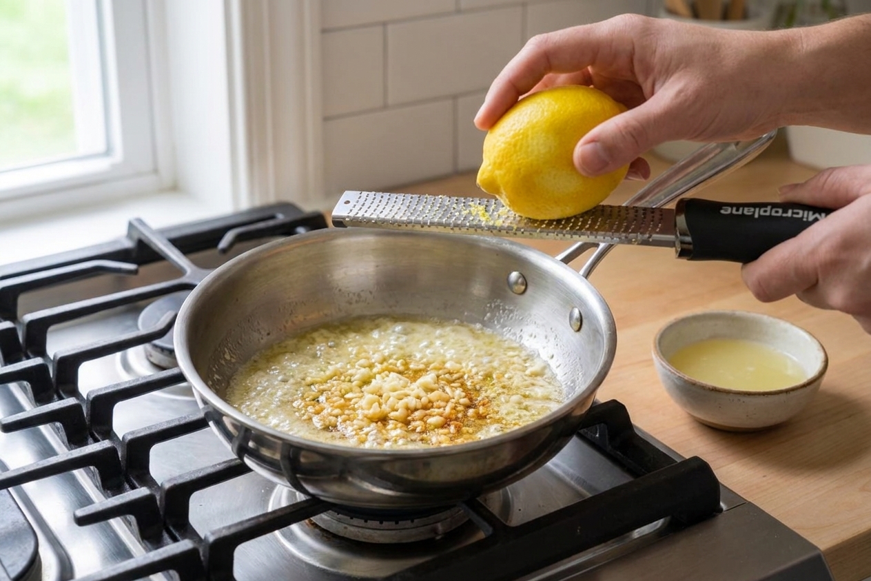 Melted butter with minced garlic on the stovetop, with lemon zest and juice ready to stir in