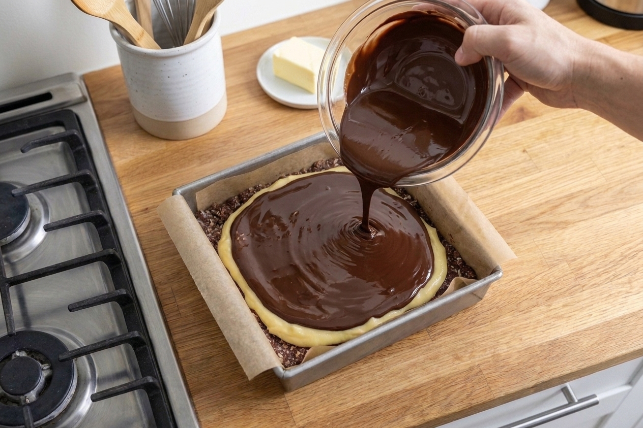 Melted chocolate being poured into a square pan over the custard layer of Nanaimo bars, creating a shiny top layer