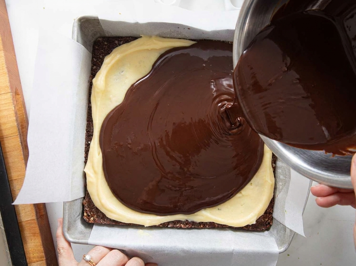 Melted chocolate being poured over the custard layer in a square pan, forming a smooth glossy top