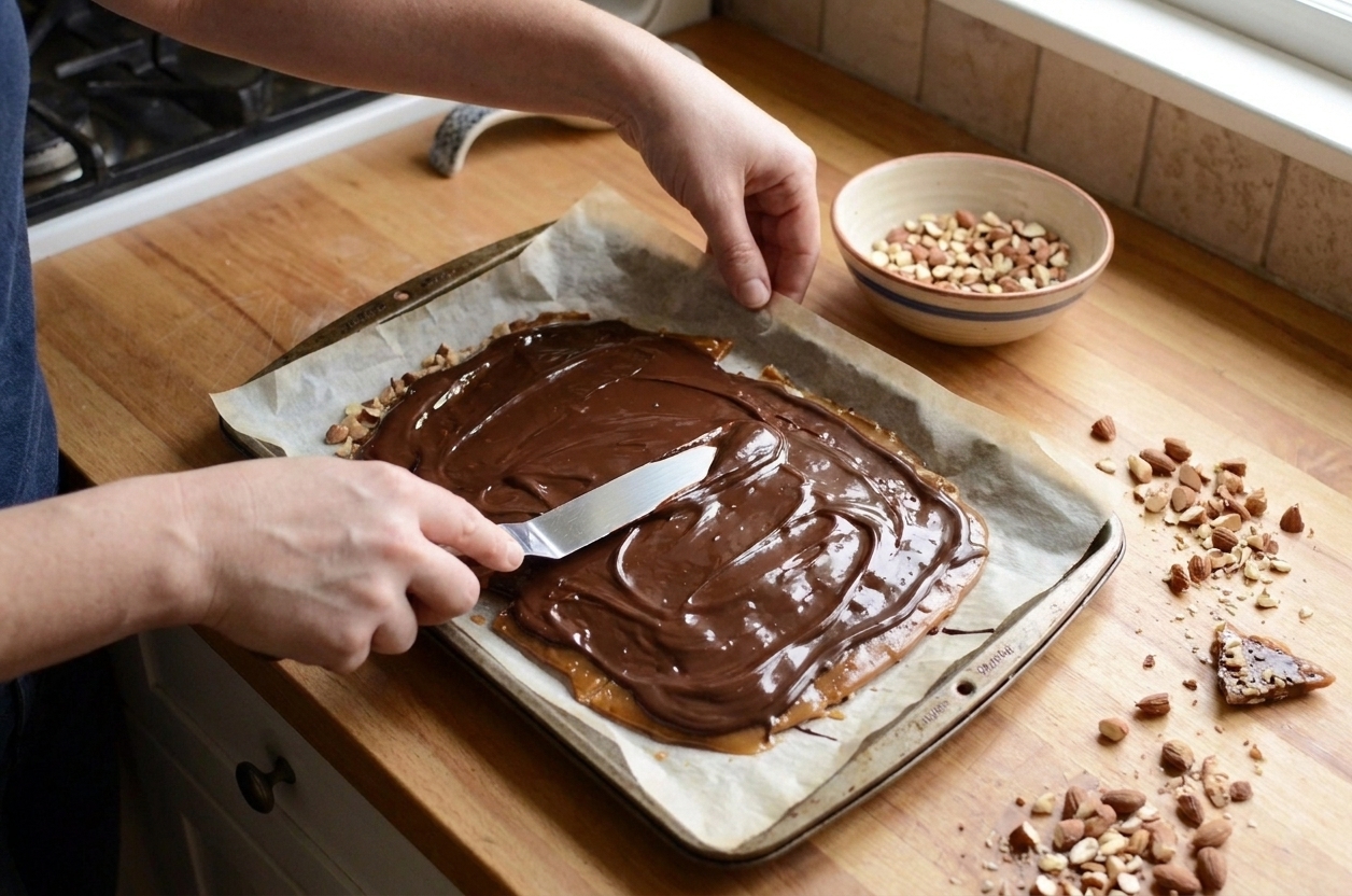 Melted chocolate being spread across a slab of toffee on a baking sheet, with chopped nuts ready to sprinkle