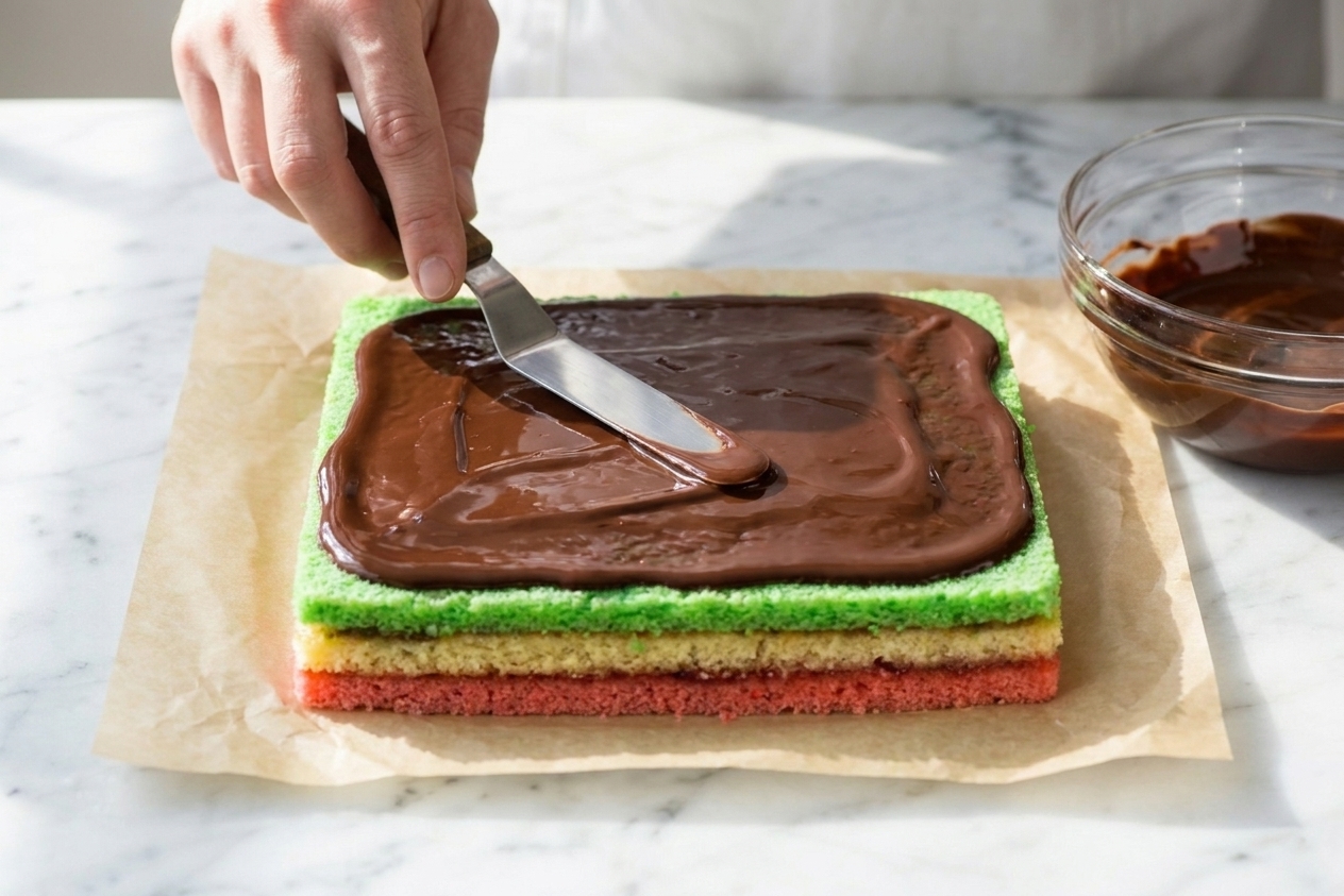 Melted chocolate being spread in a thin glossy layer over a chilled stacked rainbow cookie slab with an offset spatula