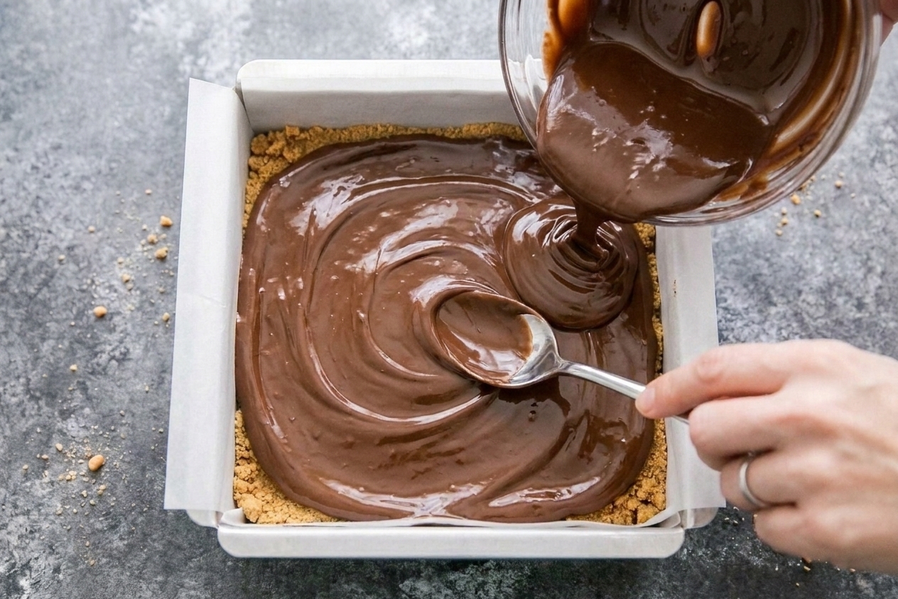 Melted chocolate being spread into an even layer over pressed peanut butter bars in a square pan