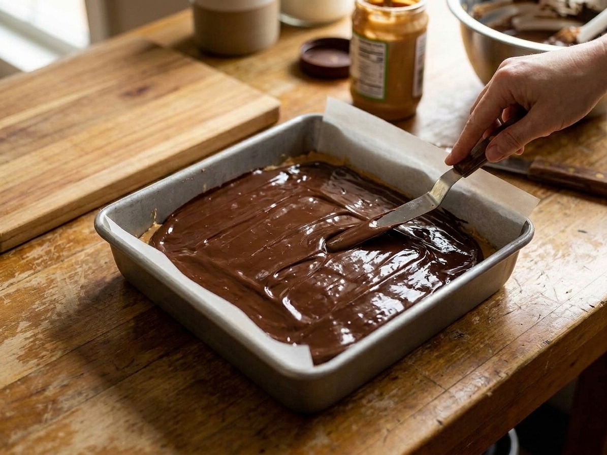 Melted chocolate spread over a pressed peanut butter base in a baking pan, creating a glossy top layer