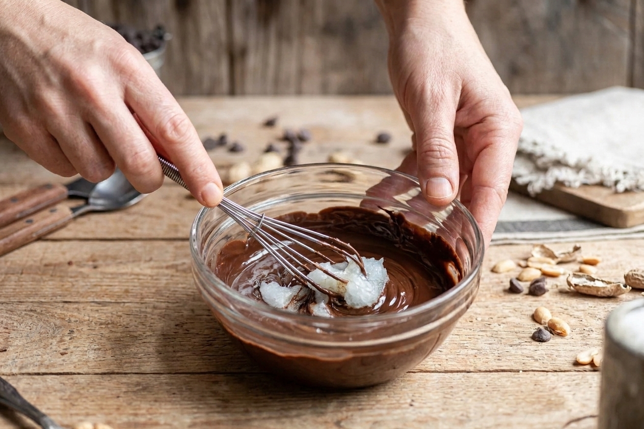 Melted chocolate stirred with coconut oil in a small bowl on a kitchen counter