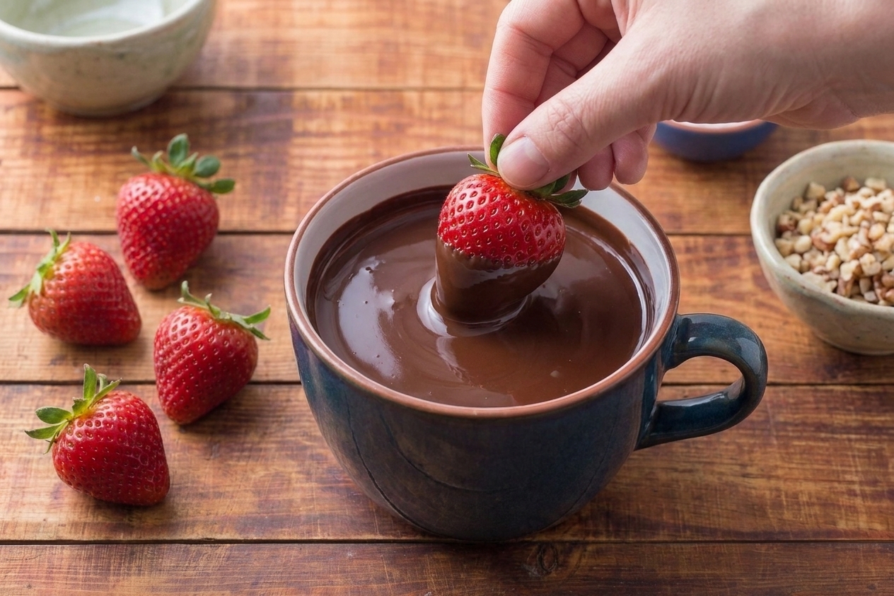 Melted dark chocolate in a deep mug ready for dipping