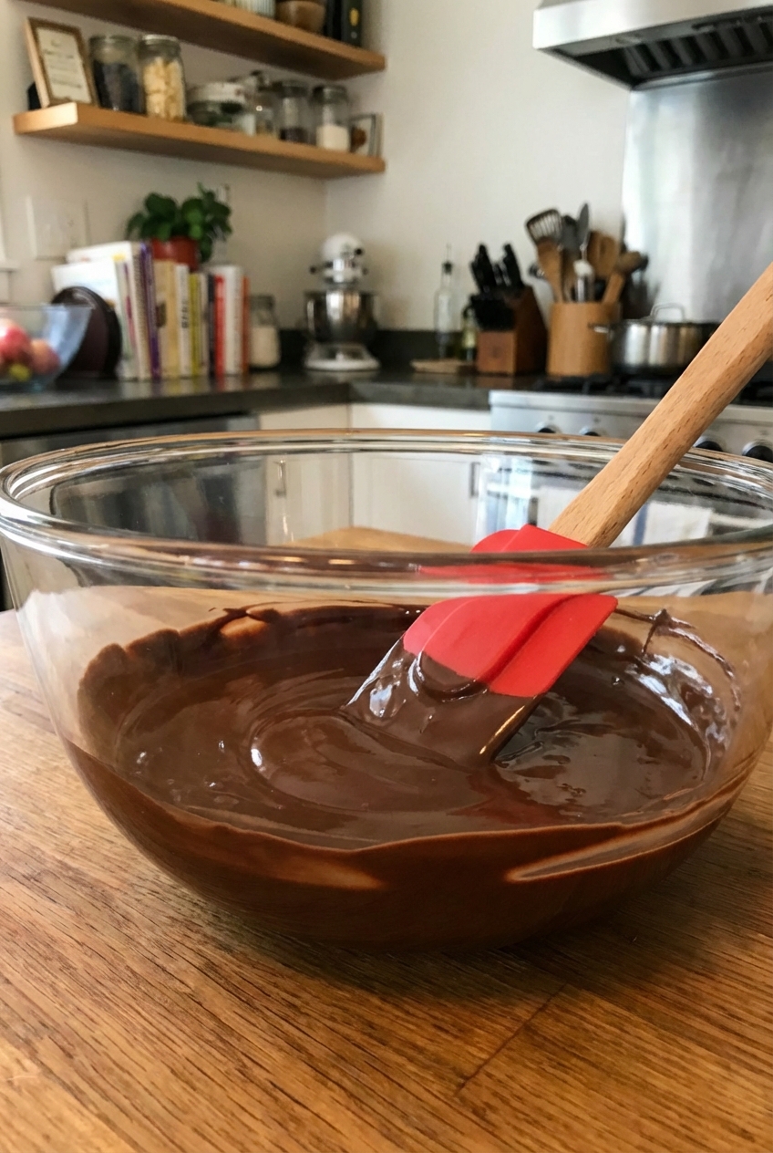 Melted dark chocolate in a heatproof bowl with a silicone spatula resting inside