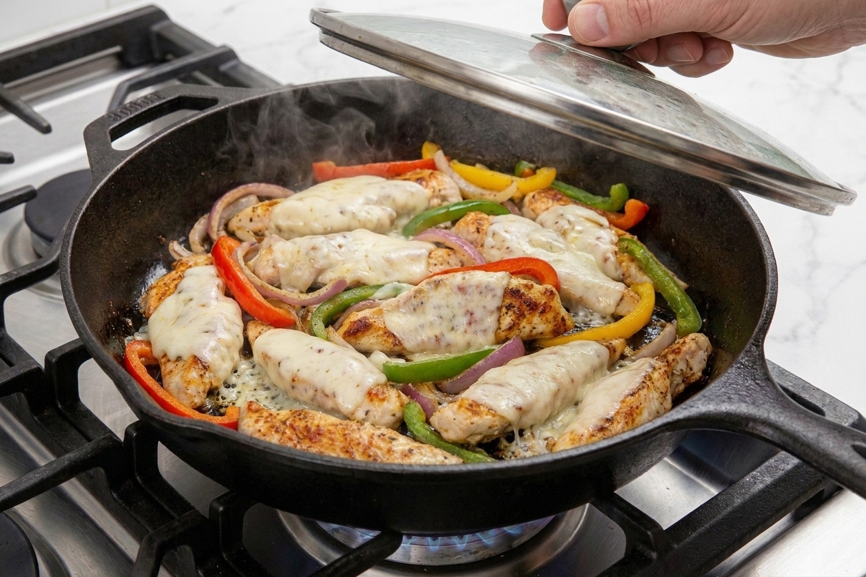 Melted provolone blanketing chicken, peppers, and onions in a skillet with the lid just lifted