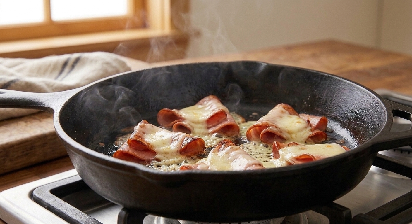 Melted provolone draped over crispy mortadella piles in a skillet, with browned edges visible
