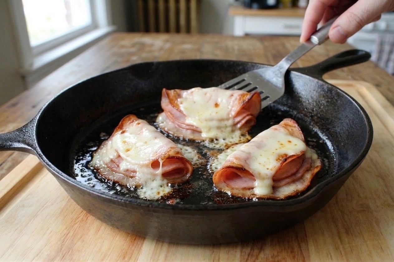 Melted provolone draped over crispy mortadella stacks in a skillet, with browned edges visible