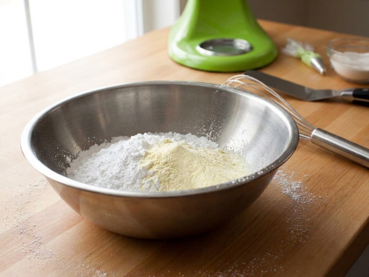 Meringue powder and sifted powdered sugar in a large mixing bowl on a bright kitchen counter