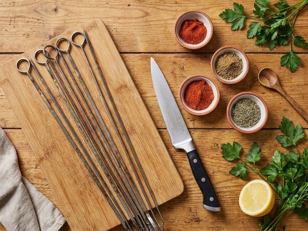 Metal skewers laid on a wooden cutting board next to a chef's knife and small bowls of spices on a kitchen counter