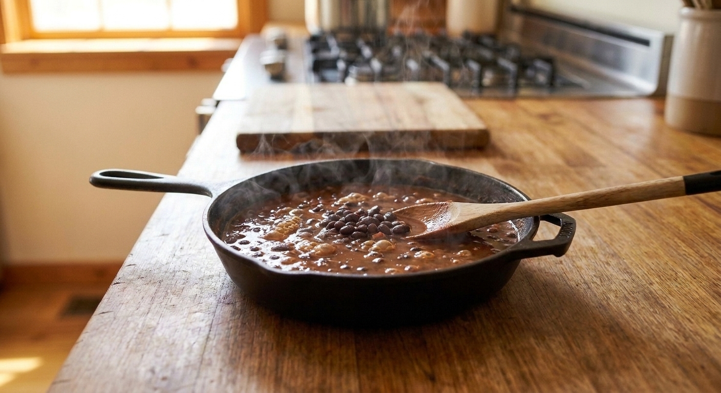 Mexican beans gently simmering in a skillet with visible bubbles and a wooden spoon resting on the edge