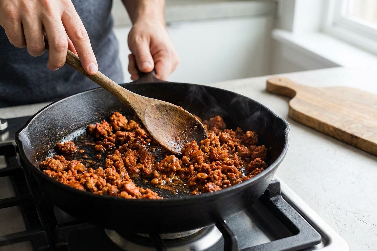 Mexican chorizo browning in a cast iron skillet with a wooden spoon