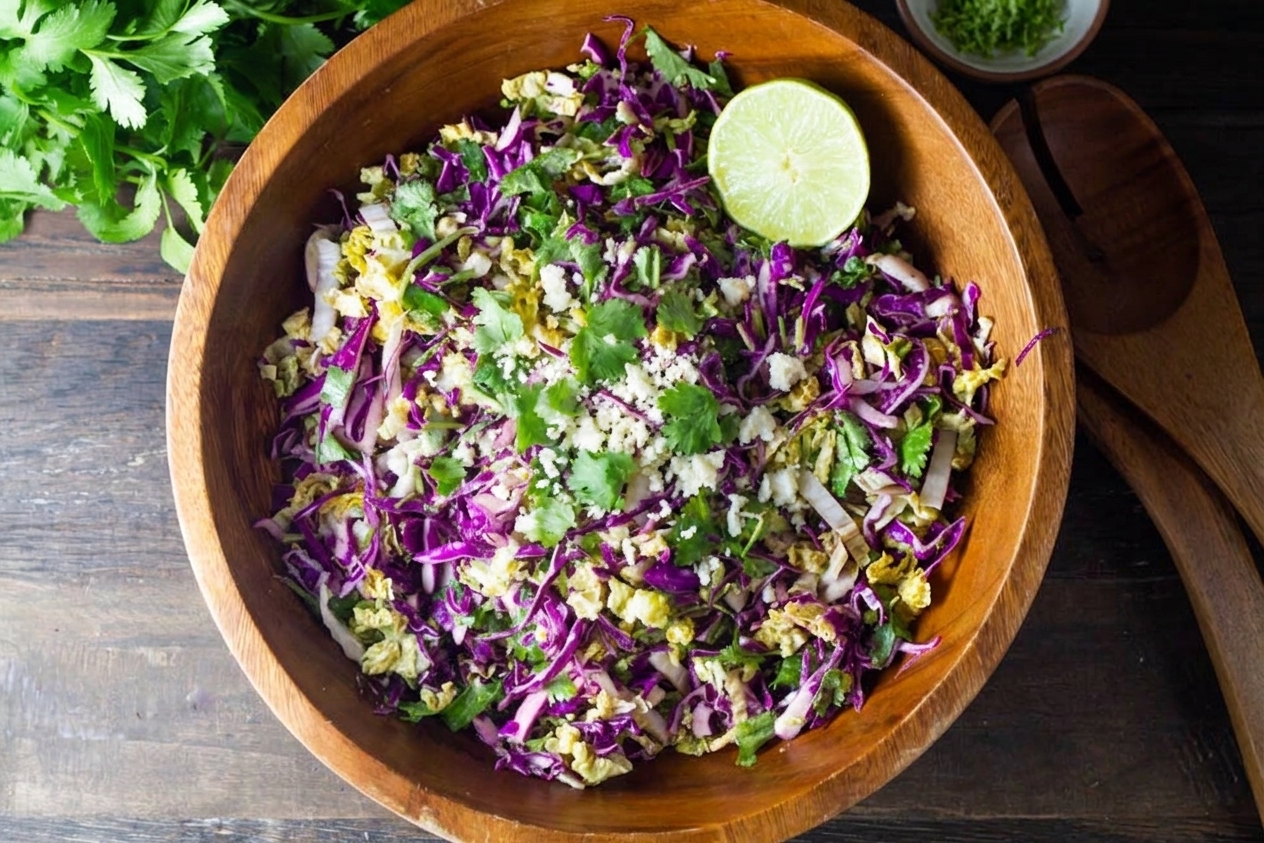 Mexican coleslaw piled high in a serving bowl with cilantro leaves and crumbled cotija on top on a dining table