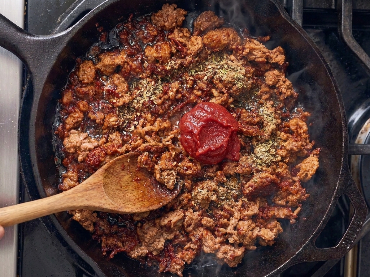 Mexican ground beef mixture simmering in a skillet with a wooden spoon resting on the edge