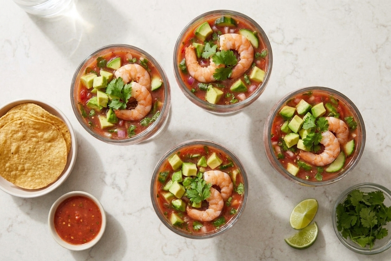 Mexican shrimp cocktail portioned into clear glasses with avocado on top and tostadas on the side on a simple table setting