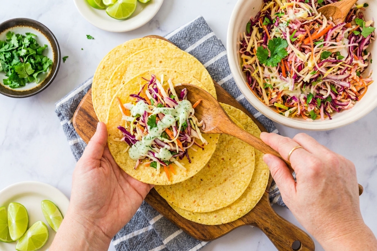 Mexican slaw spooned over tacos on a wooden serving board with lime wedges nearby