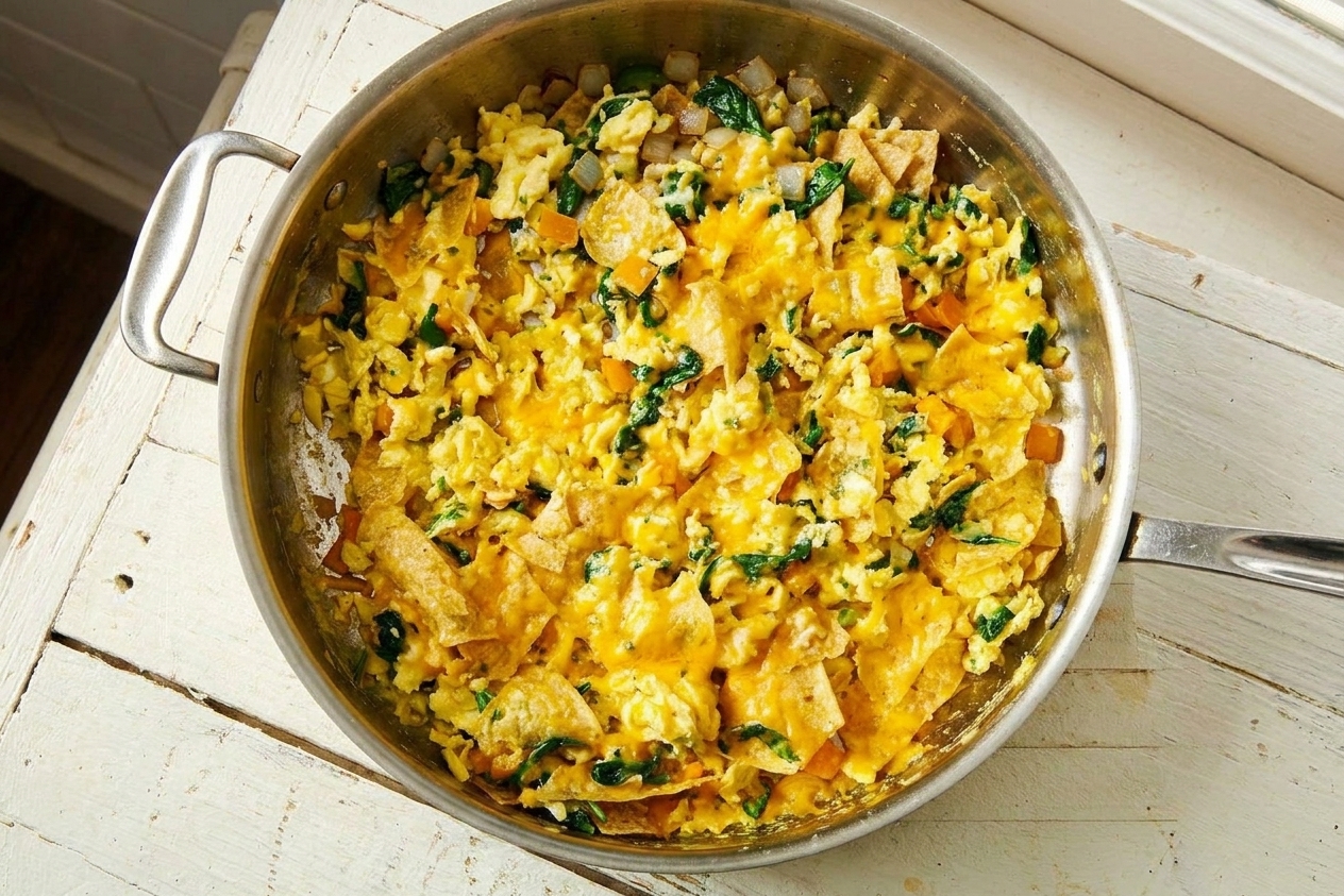 Migas in a skillet with melted shredded cheese and soft scrambled eggs mixed with tortilla chips