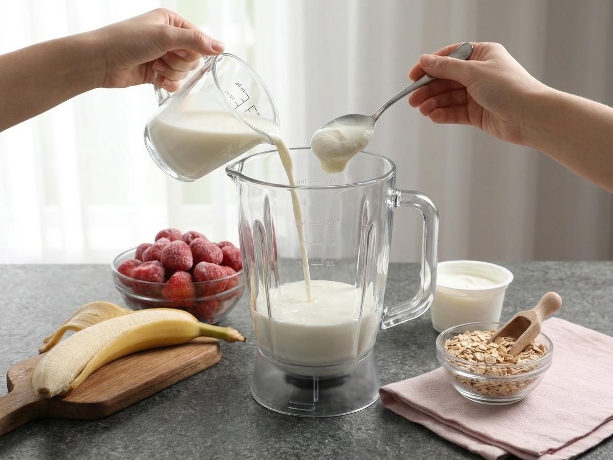 Milk and Greek yogurt being added into a blender jar on a kitchen counter, ingredients nearby, natural window light