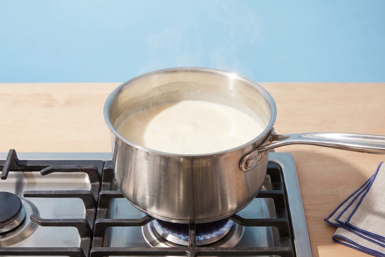 Milk and cream heating in a saucepan with gentle steam rising on a home stovetop