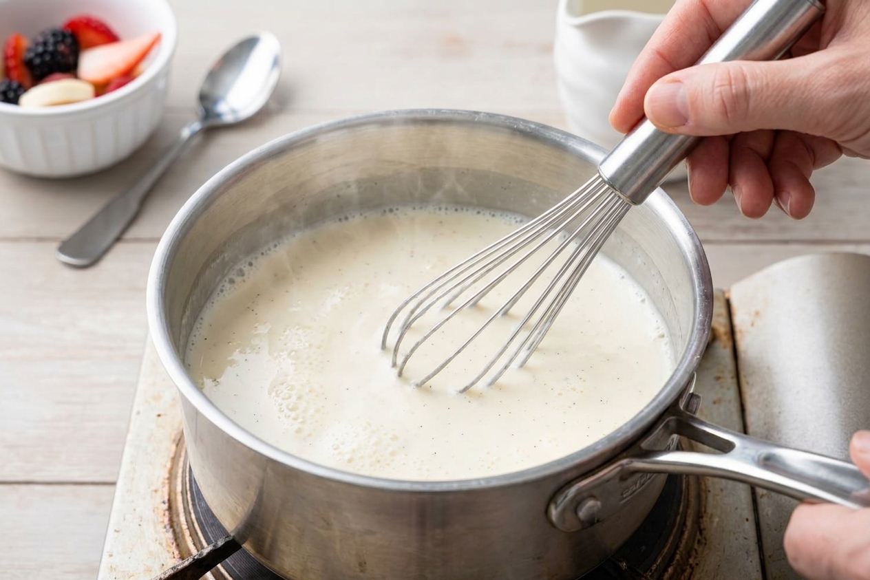 Milk and cream mixture being whisked in a saucepan on a stovetop as it warms, light steam rising