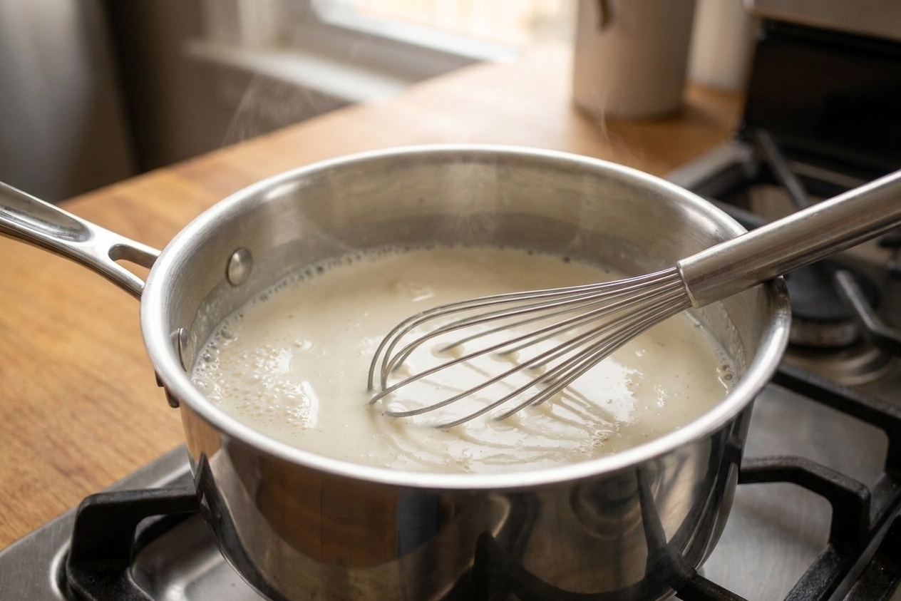 Milk and cream mixture steaming gently in a stainless steel saucepan on a stovetop, whisk resting in the pan