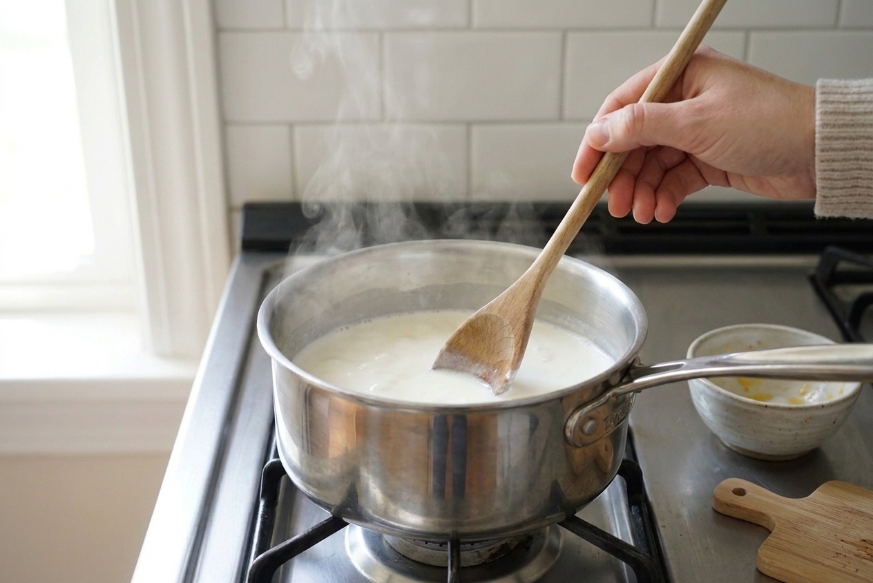 Milk and cream steaming gently in a stainless saucepan on a stovetop while being stirred with a wooden spoon