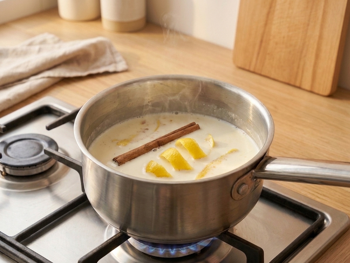 Milk and cream steeping in a saucepan with a cinnamon stick and lemon peel on a stovetop