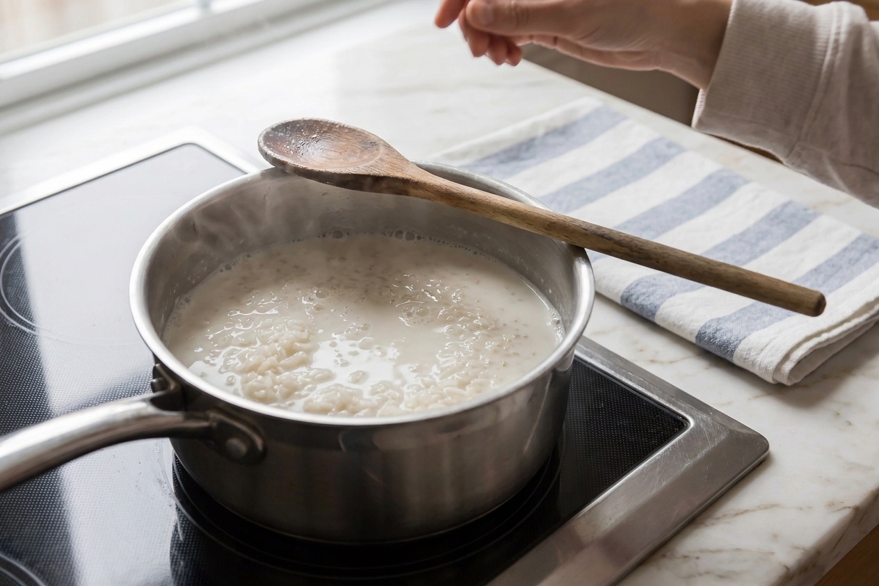 Milk and rice gently simmering in a stainless steel saucepan on a stovetop with a wooden spoon resting on the rim