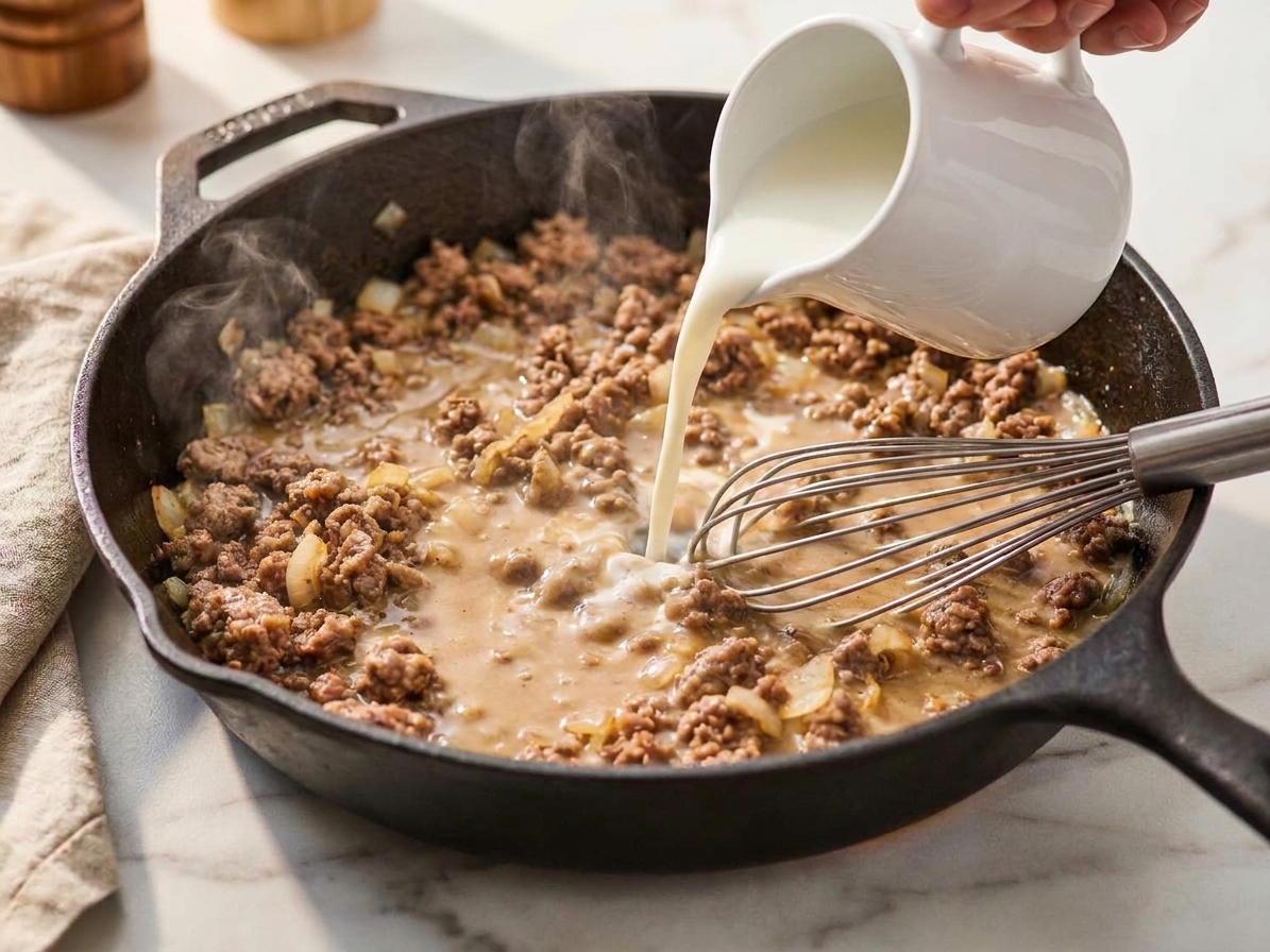 Milk being added to a skillet while a whisk stirs the beef mixture into a smooth, creamy gravy