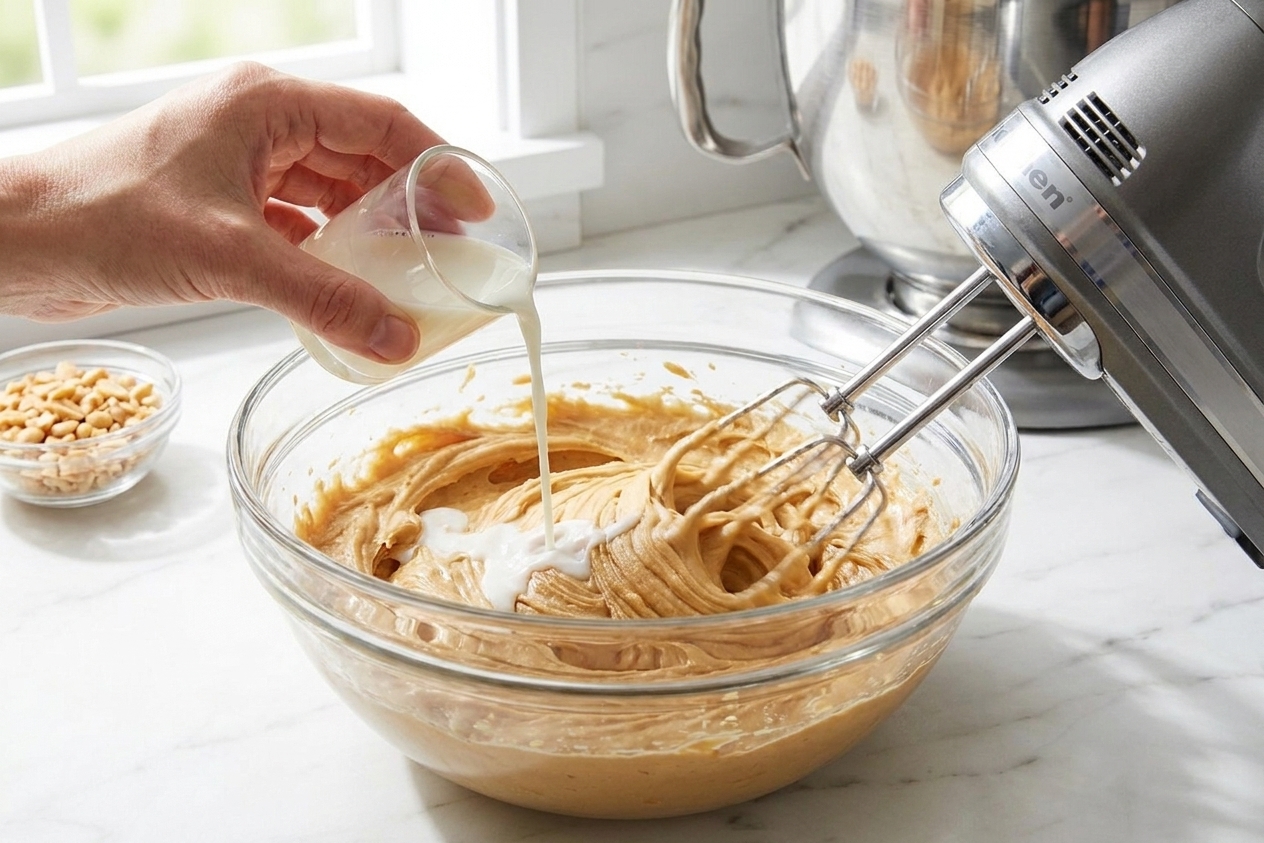 Milk being poured in a thin stream into a bowl of peanut butter icing while a hand mixer blends, creating a fluffy texture